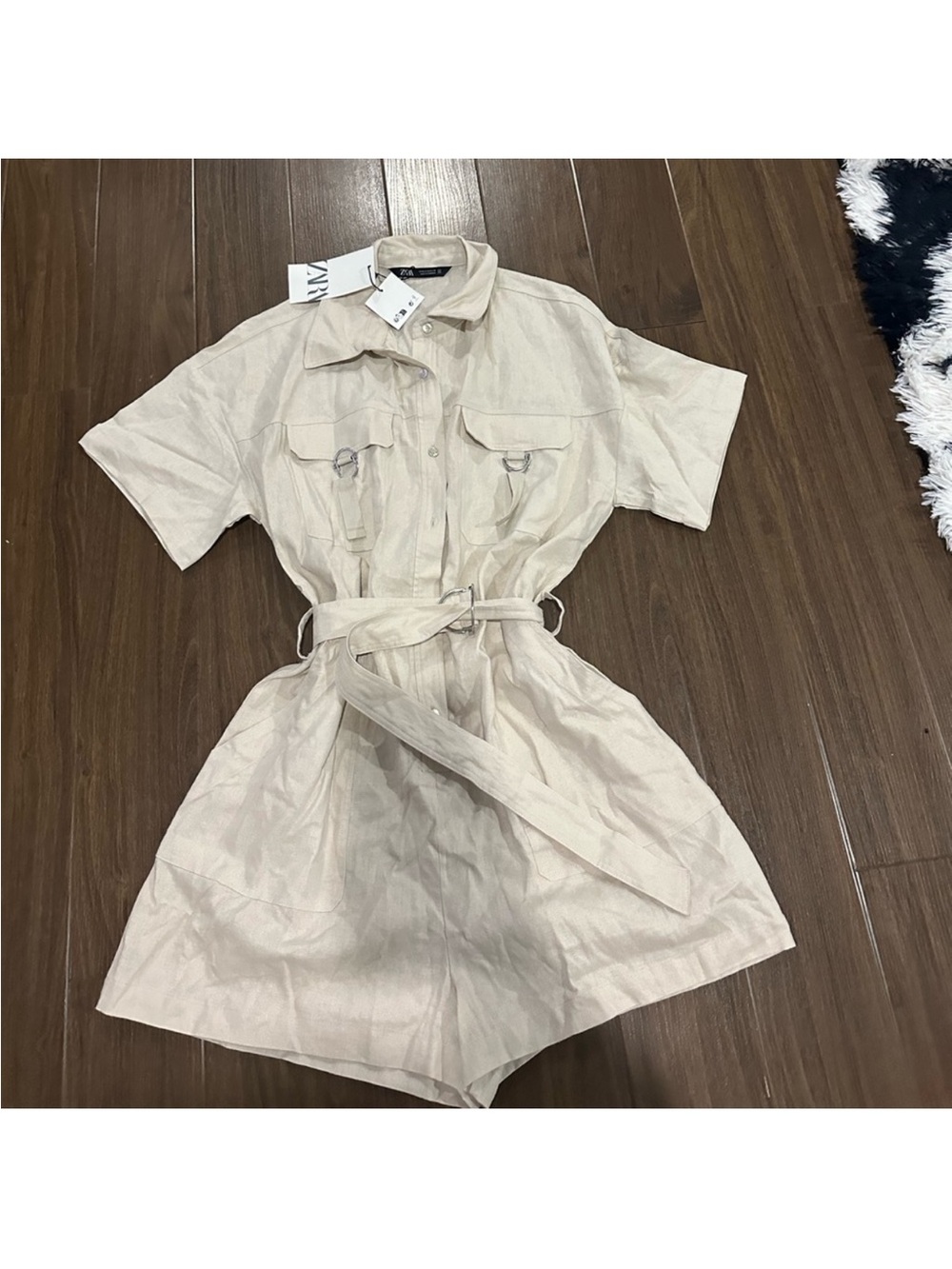 Zara linen Beige Utility Short Jumpsuit with Tie Belt